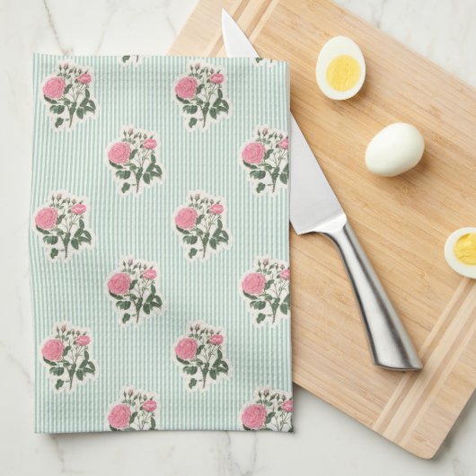Oude roze bloemen groen gestreept theedoek (Quarter Fold)