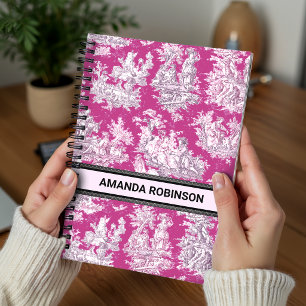 Oude roze magenta toile de jouy monogram met bloem notitieboek