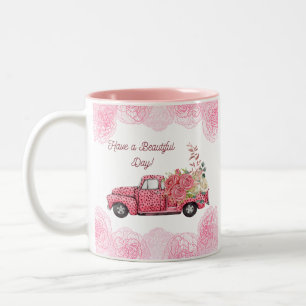 Oude  Roze Pickup Truck met Flowers Tweekleurige Koffiemok