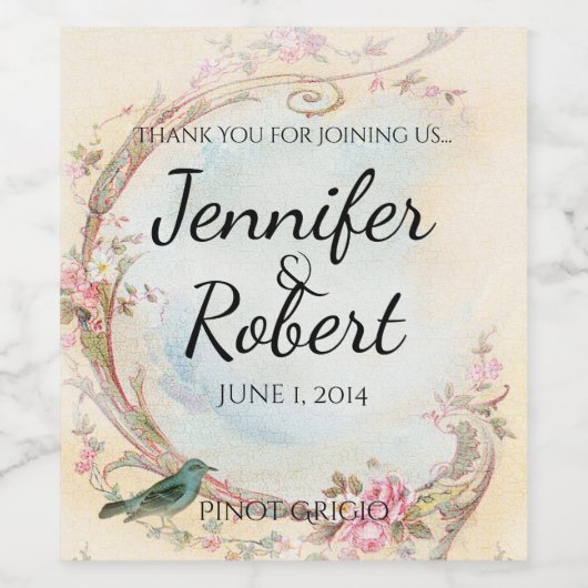 Oude Roze Roos en Robin Wijn Label Etiket (Enkel label)