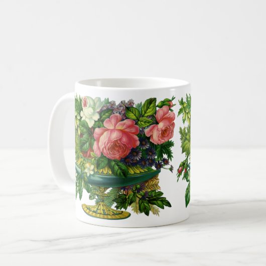 Oude roze rozen in een vaas met bloemen koffiemok (Voorkant links)