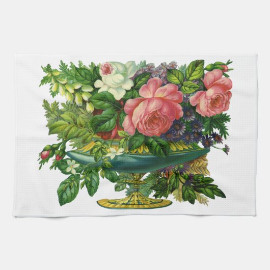 Oude roze rozen in vaas met bloemen theedoek (Horizontaal)