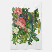 Oude roze rozen in vaas met bloemen theedoek (Verticaal)