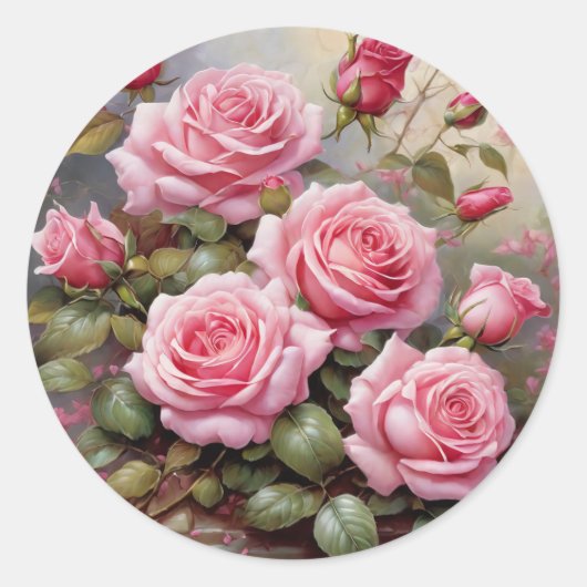 Oude roze rozen ronde sticker (Voorkant)