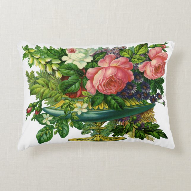 Oude roze rozen, vaas met bloemen accent kussen (Voorkant)