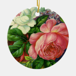 Oude roze rozen, vaas met bloemen keramisch ornament