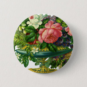 Oude roze rozen, vaas met bloemen ronde button 5,7 cm