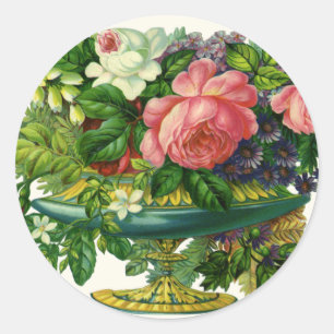 Oude roze rozen, vaas met bloemen ronde sticker