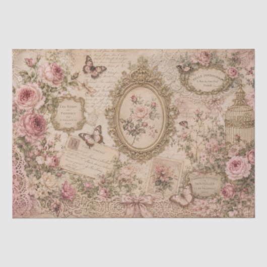 Oude Roze Victoriaanse Rozen Kant en Vlinders Tissuepapier (Voorkant)