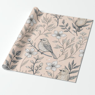 Oude Rozekleurig Zangvogel Wildbloem Motief Cadeaupapier