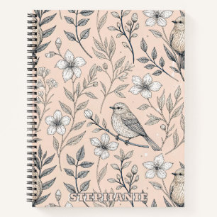 Oude Rozekleurig Zangvogel Wildbloem Motief Notitieboek