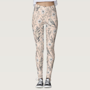 Oude Rozekleurige Zangvogel Wilde Bloem Patroon Leggings