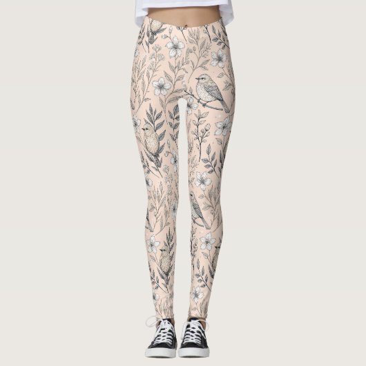 Oude Rozekleurige Zangvogel Wilde Bloem Patroon Leggings (Voorkant)