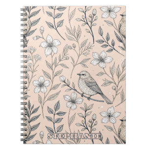 Oude Rozekleurige Zangvogel Wilde Bloem Patroon Notitieboek