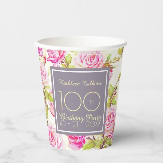Oude Rozen 100e Verjaardagsfeestje Papier Cup Papieren Bekers (Voorkant)