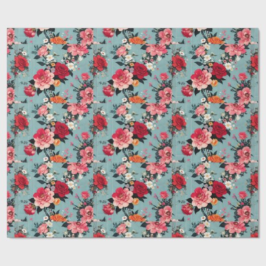 Oude rozen en bloemen op een blauwe achtergrond cadeaupapier (Vlak)