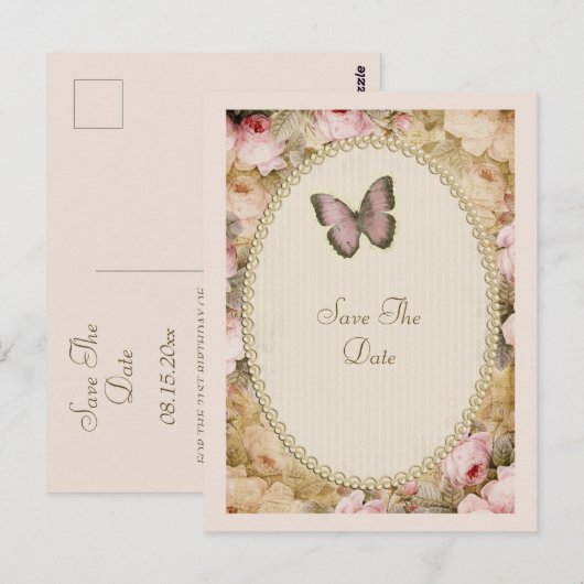 Oude Rozen Vlinder, Muzieknoten Bewaar de Datum Briefkaart (Voorkant / Achterkant)