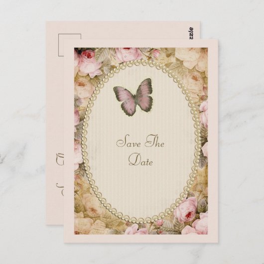 Oude Rozen Vlinder, Muzieknoten Save The Date Briefkaart (Voorkant / Achterkant)