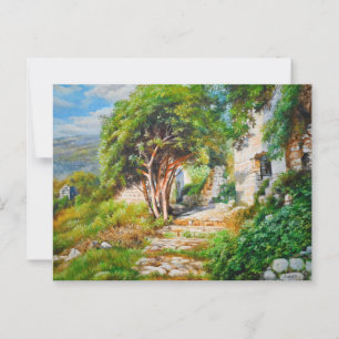 Oude ruïnes met zonovergoten boom - olieverfschild briefkaart