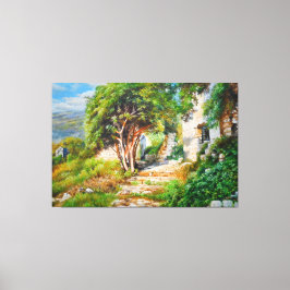 Oude ruïnes met zonovergoten boom - olieverfschild canvas afdruk