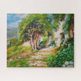 Oude ruïnes met zonovergoten boom - olieverfschild legpuzzel