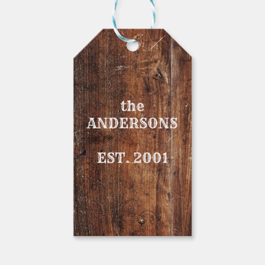 Oude rustieke hout gepersonaliseerde familienaam cadeaulabel (Voorkant)