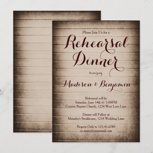 Oude rustieke schuur hout repetitie diner uitnodig kaart (Voorkant / Achterkant)
