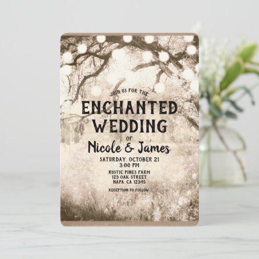 Oude Rustische  betoverde boslichten bruiloft Kaart (Staand voorkant)