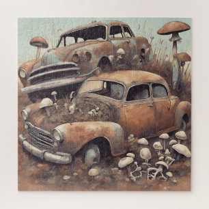Oude Rusty Vintage Auto's en Paddenstoelen Legpuzzel