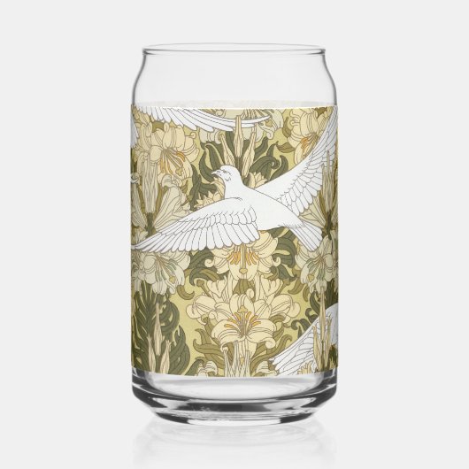 Oude Saliegroene Duif & Lelie Bloempatroon Blikvorm Glas (Voorkant)
