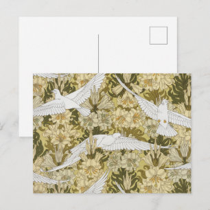 Oude Saliegroene Duif & Lelie Bloempatroon Briefkaart