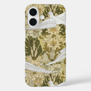 Oude Saliegroene Duif & Lelie Bloempatroon iPhone 16 Hoesje