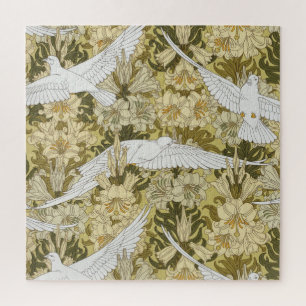 Oude Saliegroene Duif & Lelie Bloempatroon Legpuzzel