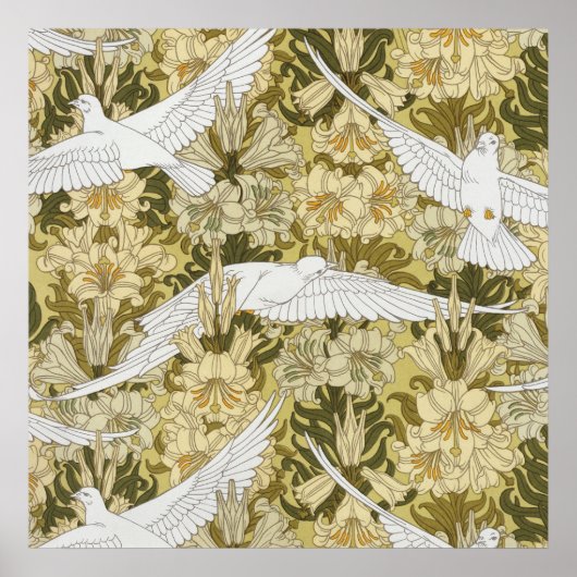 Oude Saliegroene Duif & Lelie Bloempatroon Poster (Voorkant)