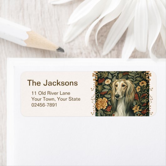 Oude Saluki in de stijl van William Morris Etiket (Insitu)