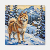 Oude Samojeed in Alpen Kerst Landschap Magneet (Voorkant)