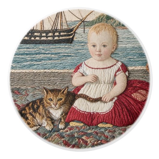 Oude Sampler Scene Kind Met Kat Keramische Knop (Voorkant)