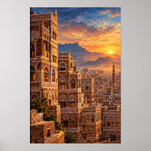 Oude Sana'a bij dageraad - Jemenitische erfgoedarc Poster
