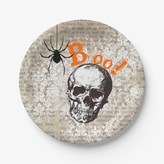 Oude Schedel & Spin Halloween Papieren Bordje (Voorkant)