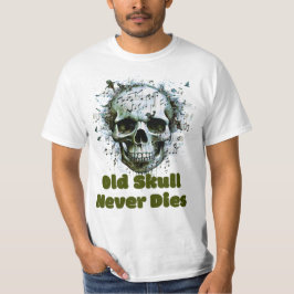 Oude schedel sterft nooit, muzieknoot schedel t-shirt