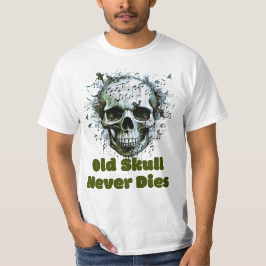 Oude schedel sterft nooit, muzieknoot schedel t-shirt (Voorkant)