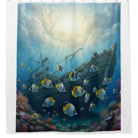 Oude scheepswrak op het rif met vis douchegordijn (Voorkant)