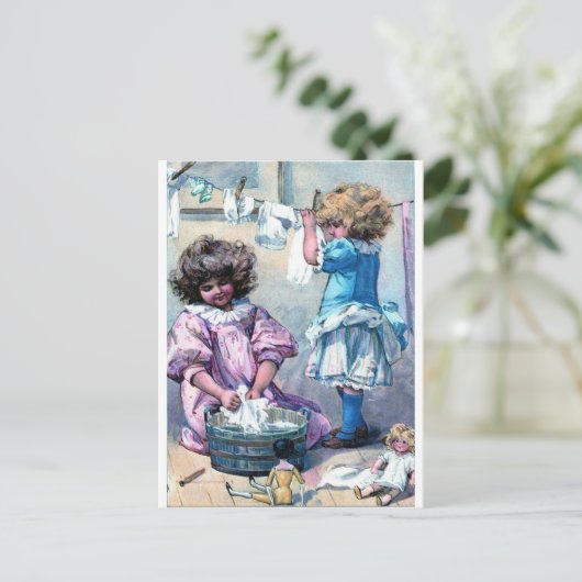 Oude schilderij meisjes wassen kleren wasdag briefkaart (Staand voorkant)