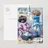 Oude schilderij meisjes wassen kleren wasdag briefkaart (Voorkant / Achterkant)