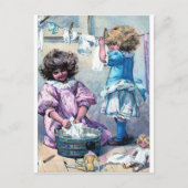 Oude schilderij meisjes wassen kleren wasdag briefkaart (Voorkant)