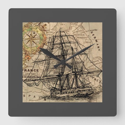 Oude Schip En Kaart Vierkante Klok (Voorkant)
