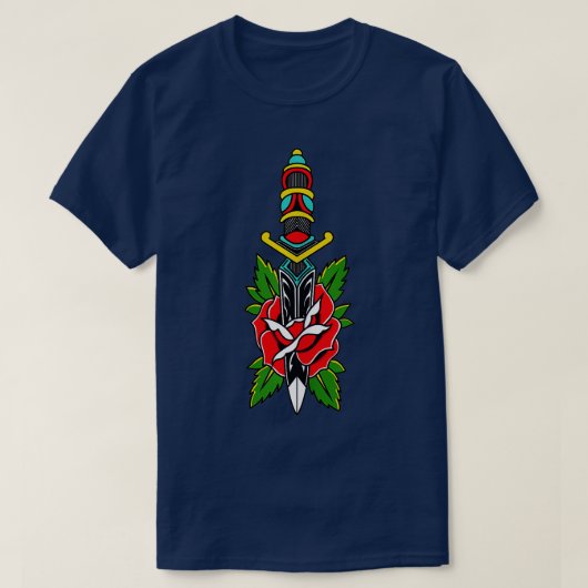 Oude School American, traditioneel Dagger en Roos  T-shirt (Design voorkant)