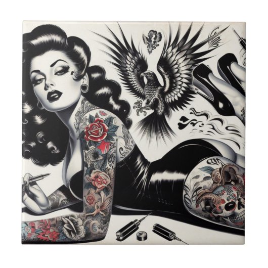 Oude School getatoeëerd meisje Tegeltje (Voorkant)