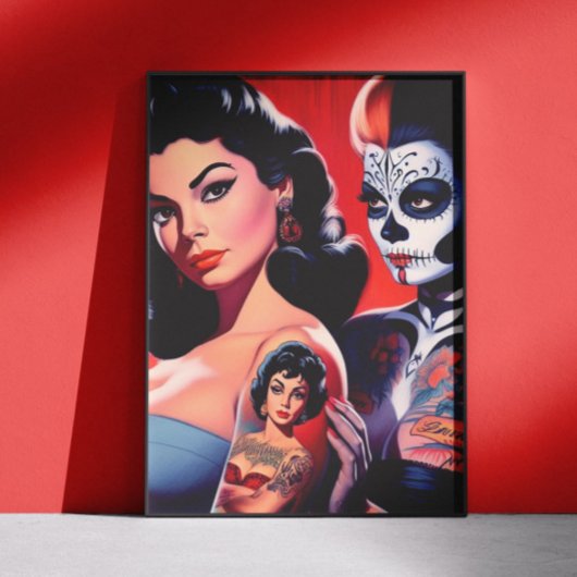 Oude school getatoeëerde pin-ups poster
