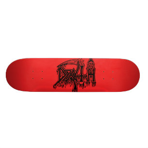Oude school logo rood op zwart dek skateboard